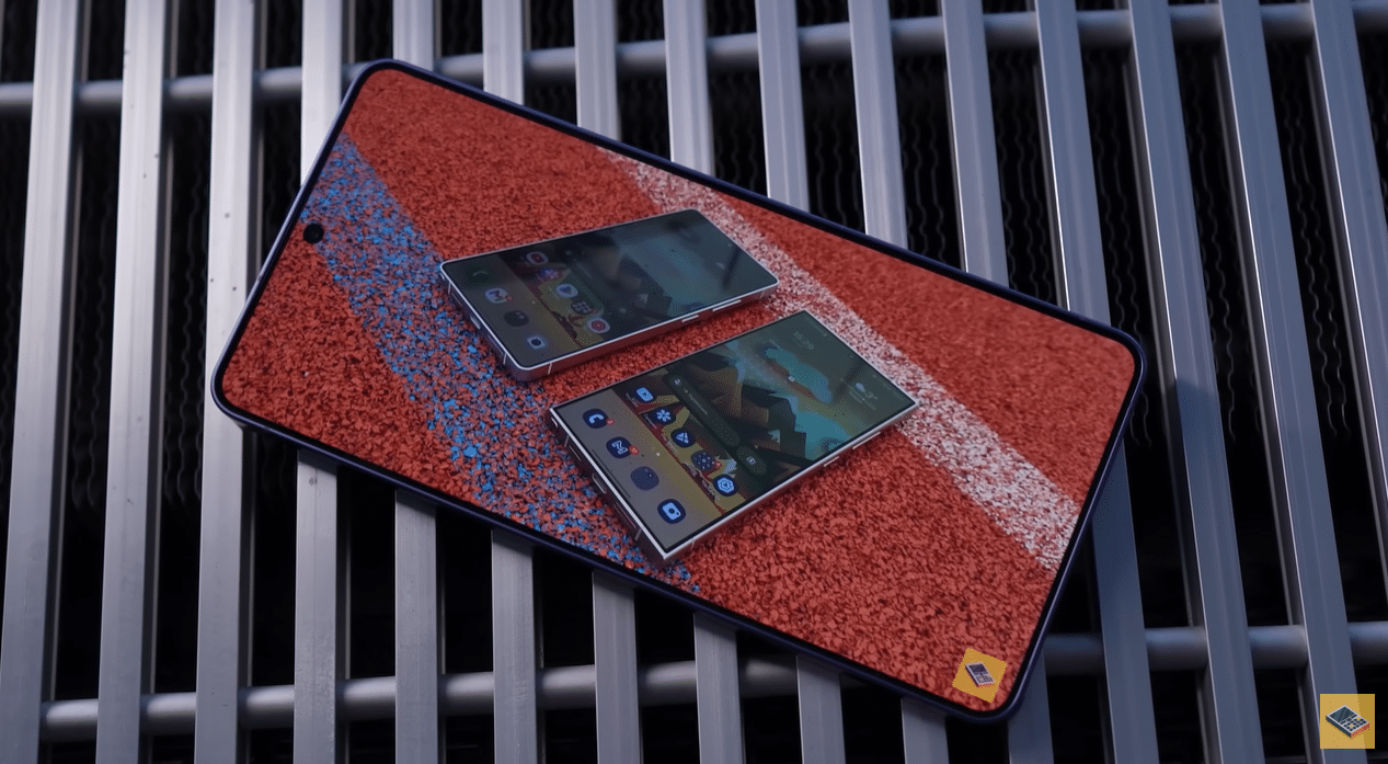 Samsung Galaxy S26 Ultra з двома смартфонами на екрані, що демонструє якість дисплею з відображенням реальних об'єктів