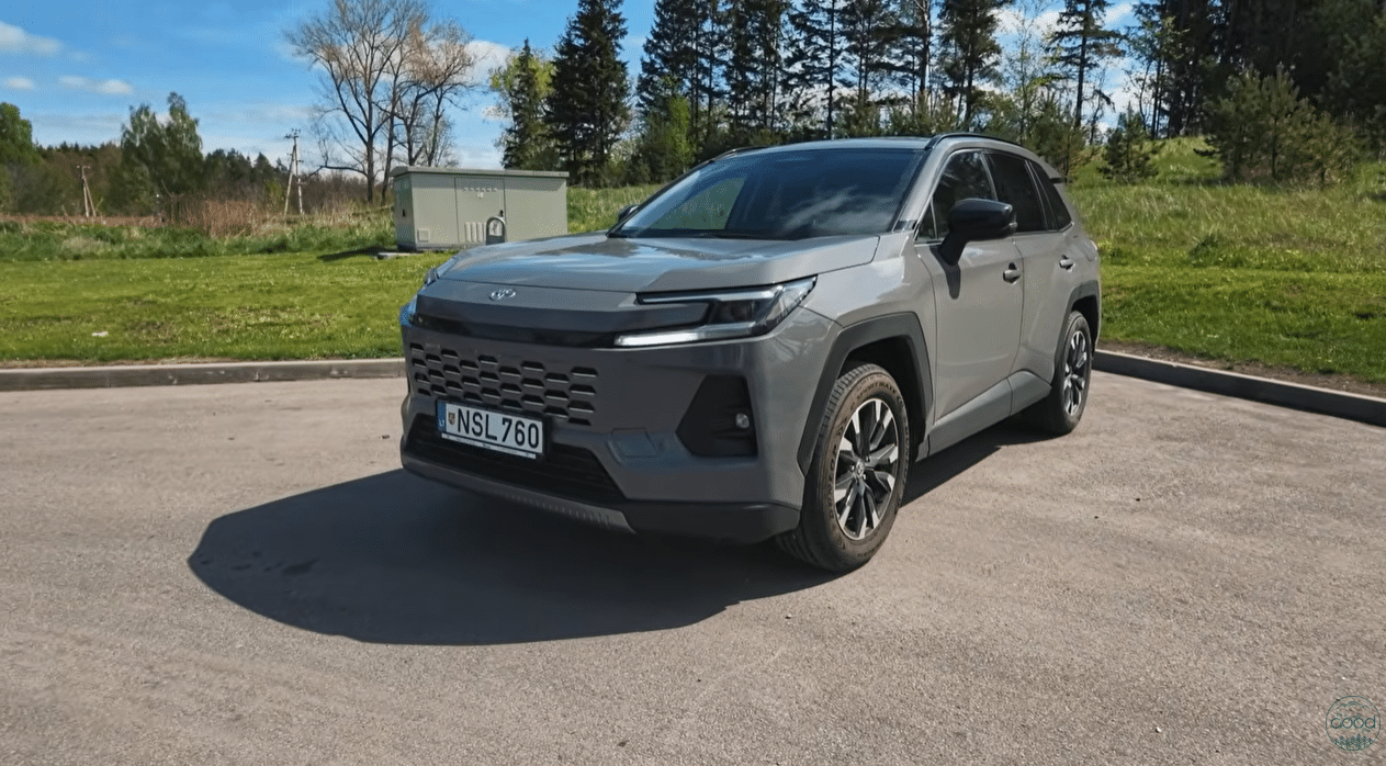 Toyota RAV4 сірого кольору на парковці на тлі зелених дерев під час тест-драйву