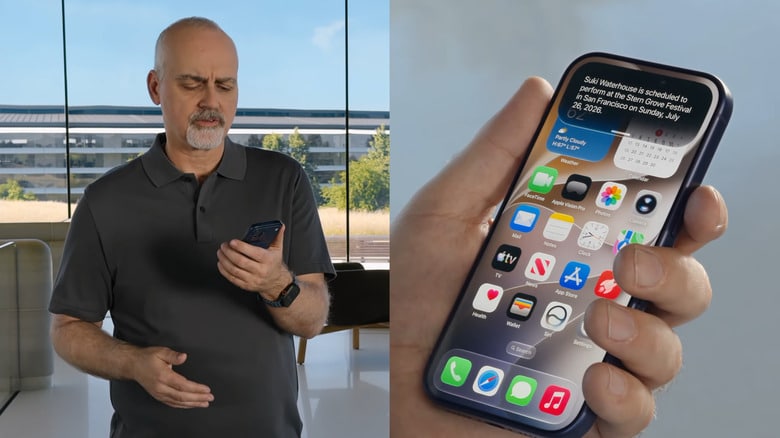Презентація Siri AI на WWDC 2026: доповідач тримає iPhone, на екрані якого відображається відповідь помічника про концерт Suki Waterhouse