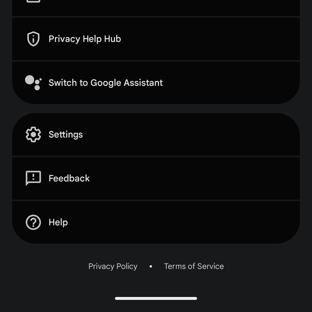 Меню налаштувань Gemini на Android з опціями для приватності, асистента та допомоги