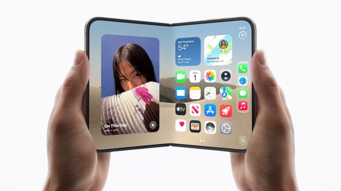 Складаний смартфон iPhone Duo з розгорнутим екраном у руках, з видимим інтерфейсом iOS та іконками застосунків
