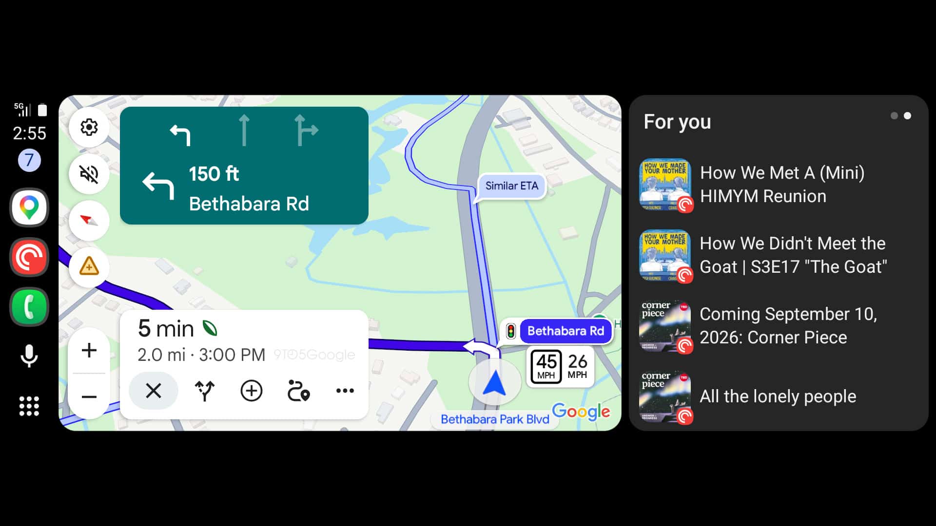 Google Maps на Android Auto з маршрутом до Bethabara Rd, відстанню 2,0 милі та попереджувальною іконкою для наступного