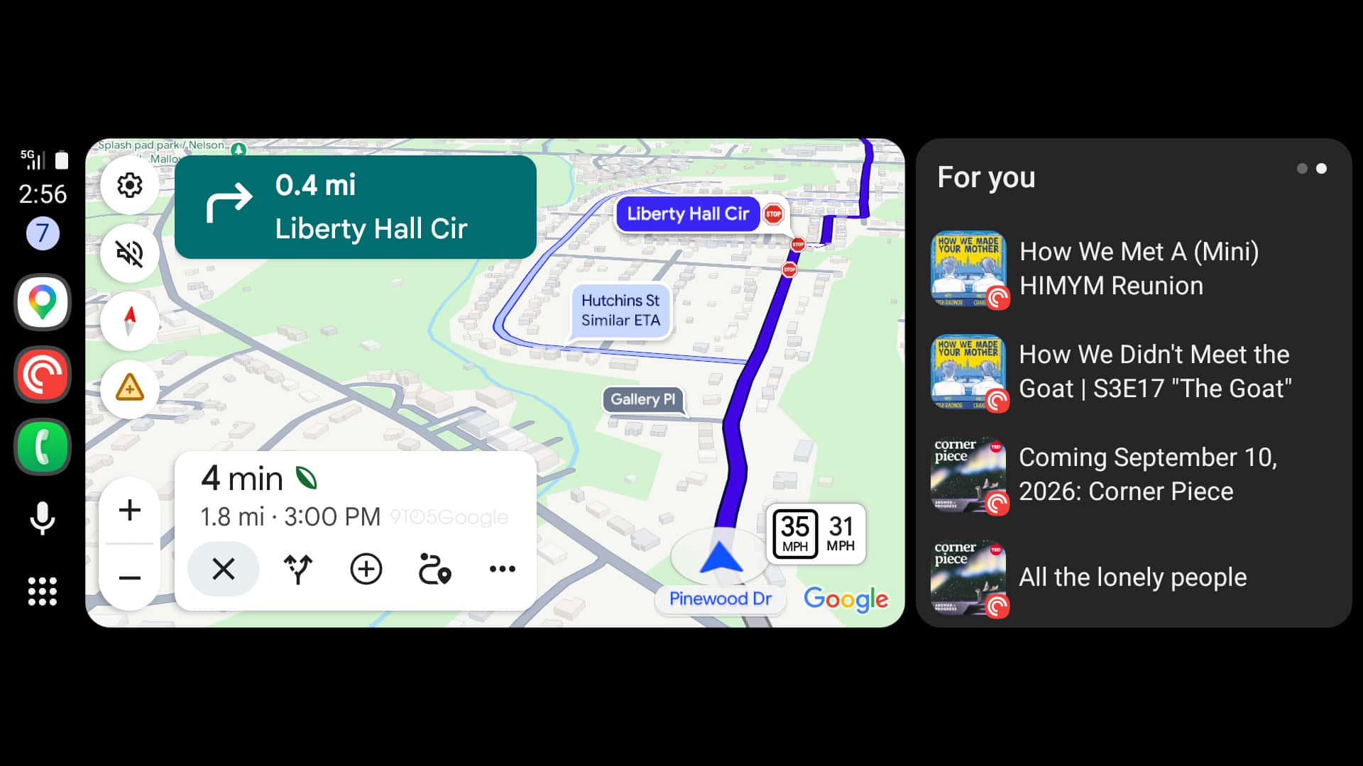 Google Maps на Android Auto з маршрутом до Liberty Hall Circle, відстанню 1,8 милі та іконкою світлофора для наступного
