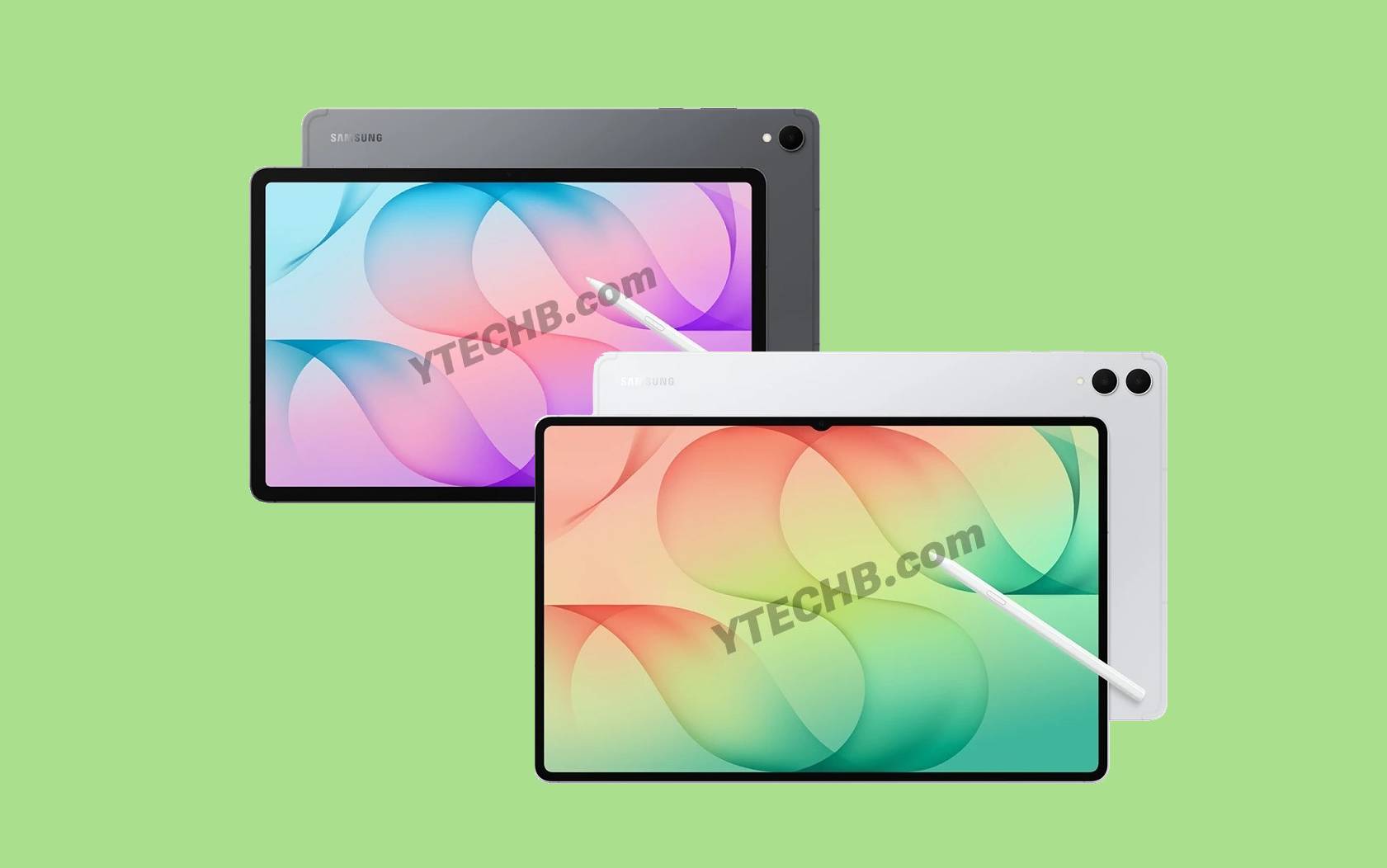 Два планшети Samsung Galaxy Tab з кольоровими градієнтними обійницями та стилусами на зеленому фоні
