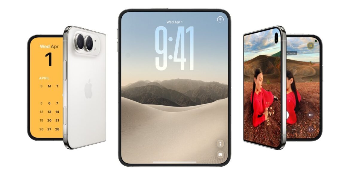 Різні варіанти складаного смартфона iPhone Duo з відкритим екраном посередині та закритими пристроями по боках, що