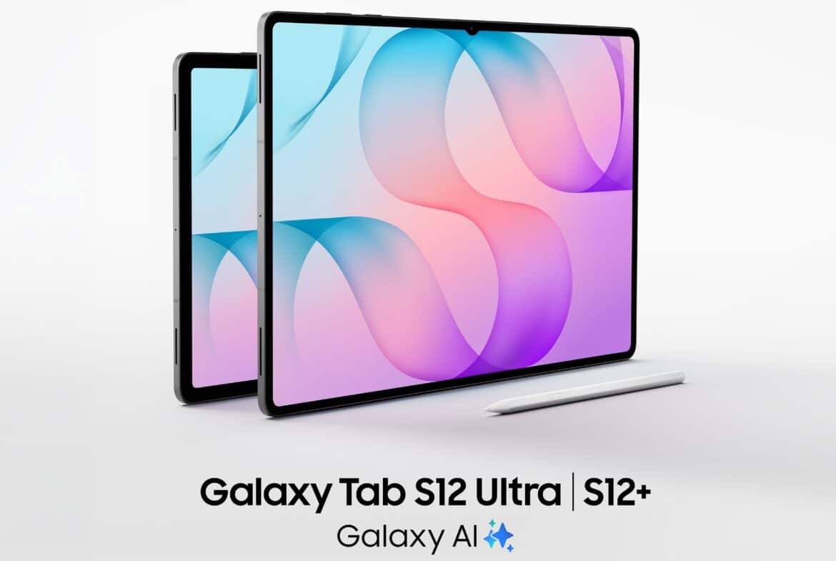Samsung Galaxy Tab S12 Ultra та Galaxy Tab S12+ зS Pen стилусом біля них на сірому фоні