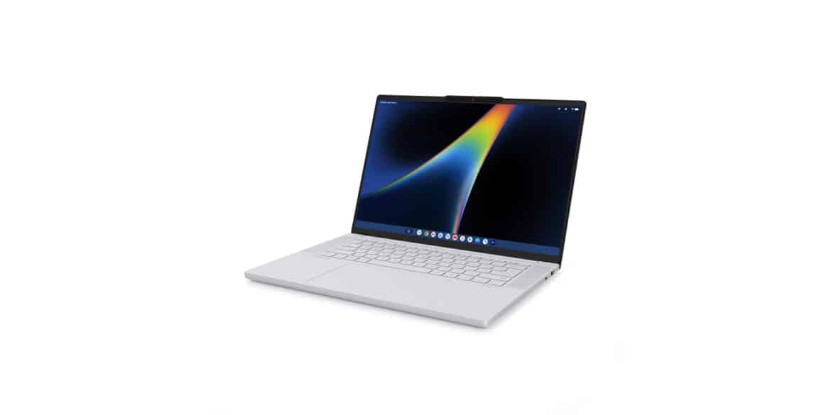 Ноутбук Lenovo Googlebook 15 із відкритим екраном, на якому відображається абстрактне зображення з синім та жовтим світлом на