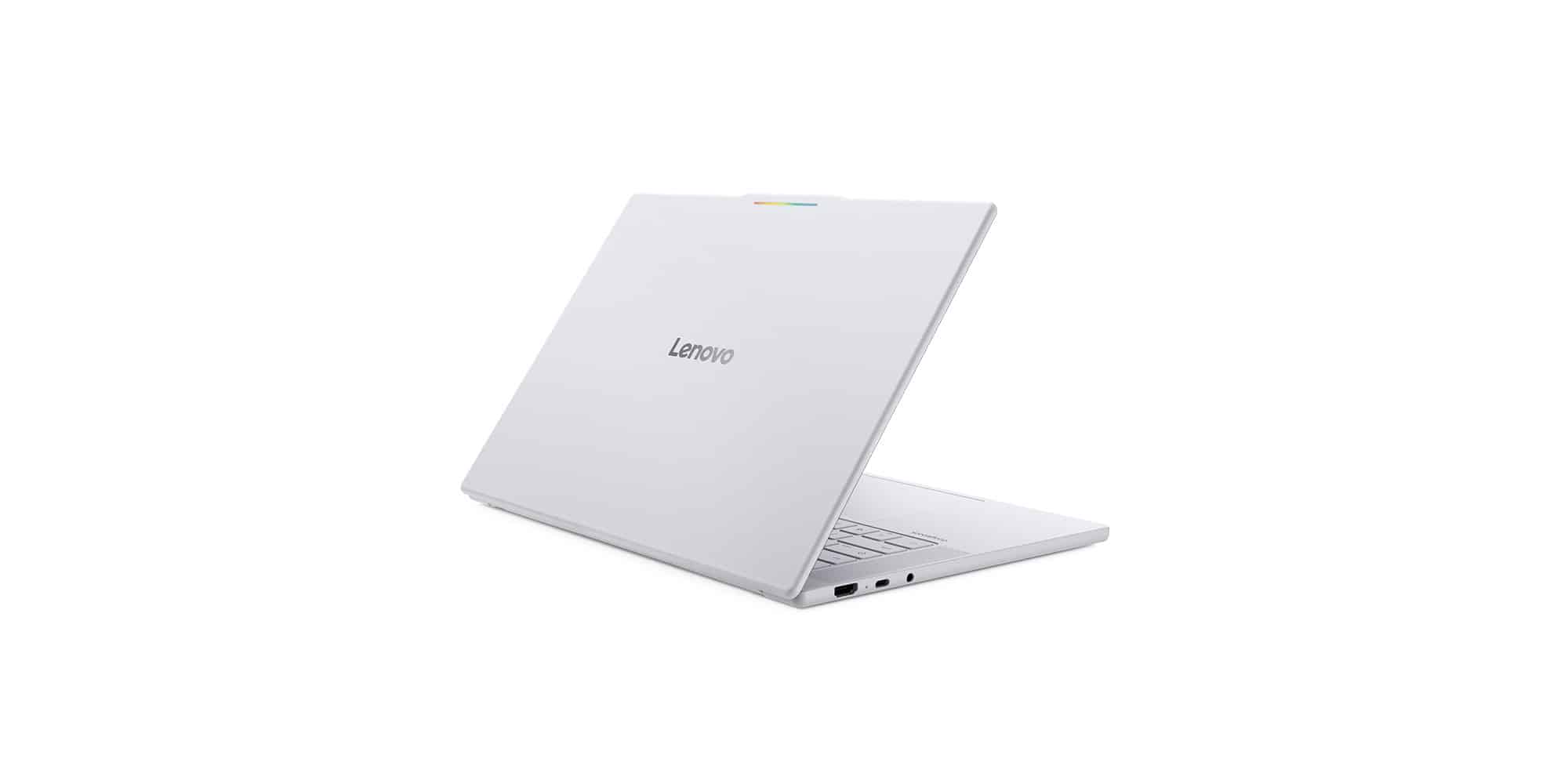 Ноутбук Lenovo Googlebook 15 із закритою кришкою, повернутий під кутом, показує рожевий корпус і логотип Lenovo на задній