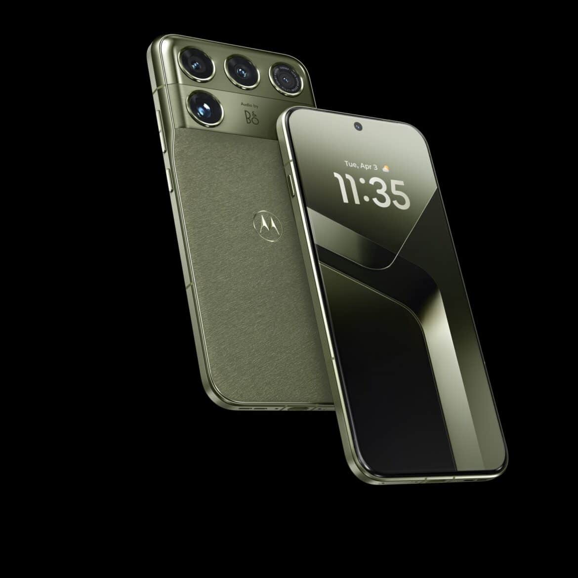 Motorola Signature 27 оливкового кольору з екраном, на якому видно час 11:35 і дату