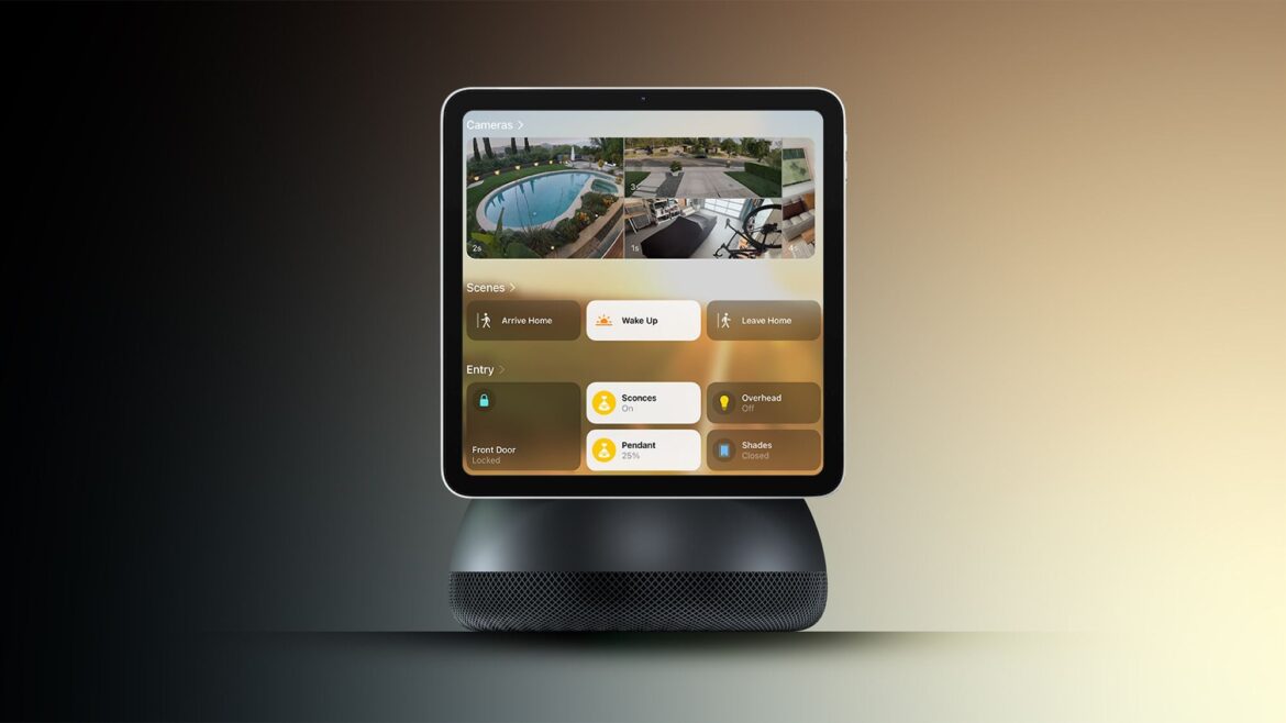 Розумний домашній хаб Apple з квадратним дисплеєм на металевій підставці, що показує інтерфейс керування розумним будинком з