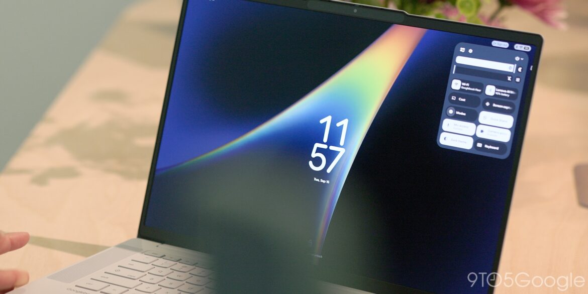 Ноутбук Googlebook з відкритим екраном, на якому відображається час 11:57 і панель швидких налаштувань у правому куті