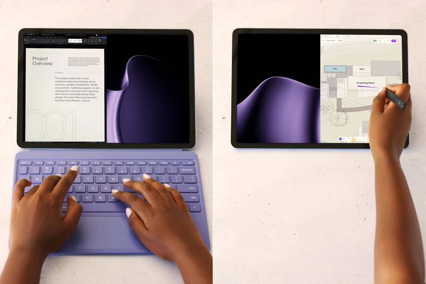 Руки користувача, що працюють на Surface Pro 12 з клавіатурою та стілусом під час редагування документів