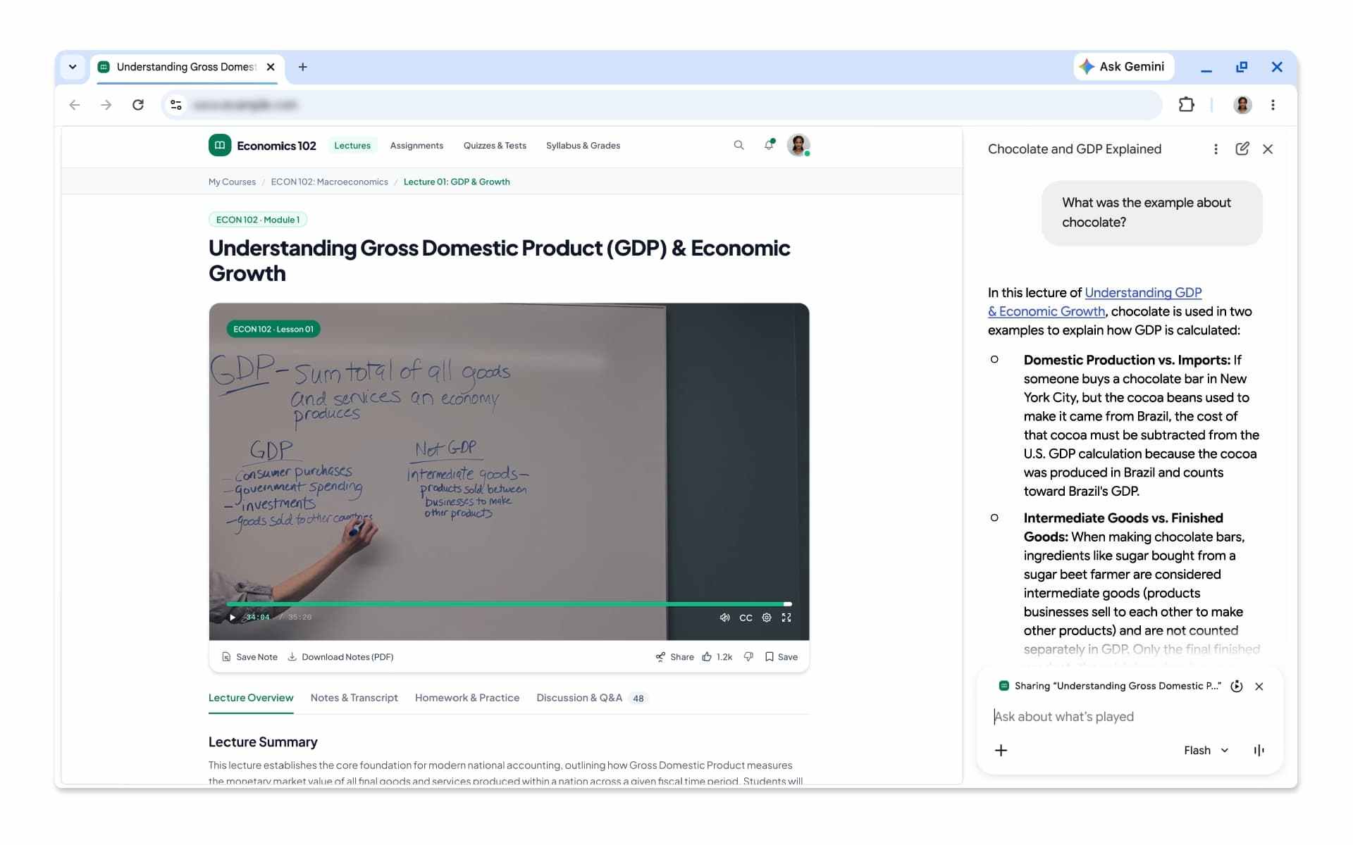 Chrome з відкритою сторінкою лекції про валовий внутрішній продукт та економічне зростання з відеозаписом і запитанням від