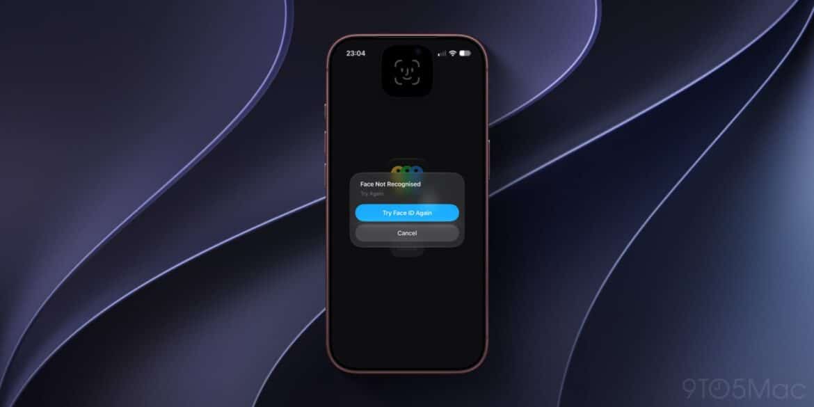IPhone 18 Pro із повідомленням про помилку Face ID на екрані та кнопками для повторної спроби та скасування