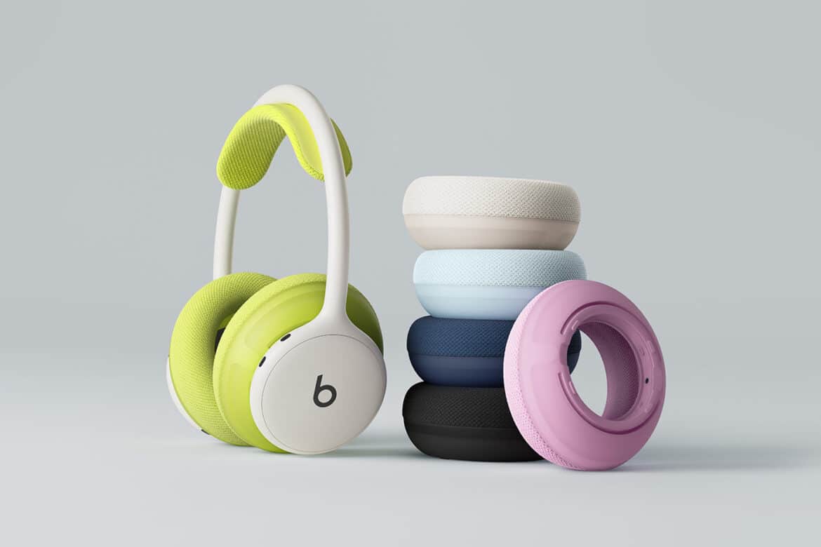 Навушники Beats 360 в чорно-білому кольорі та набір змінних амбушюрів у різних варіантах і кольорах для заміни