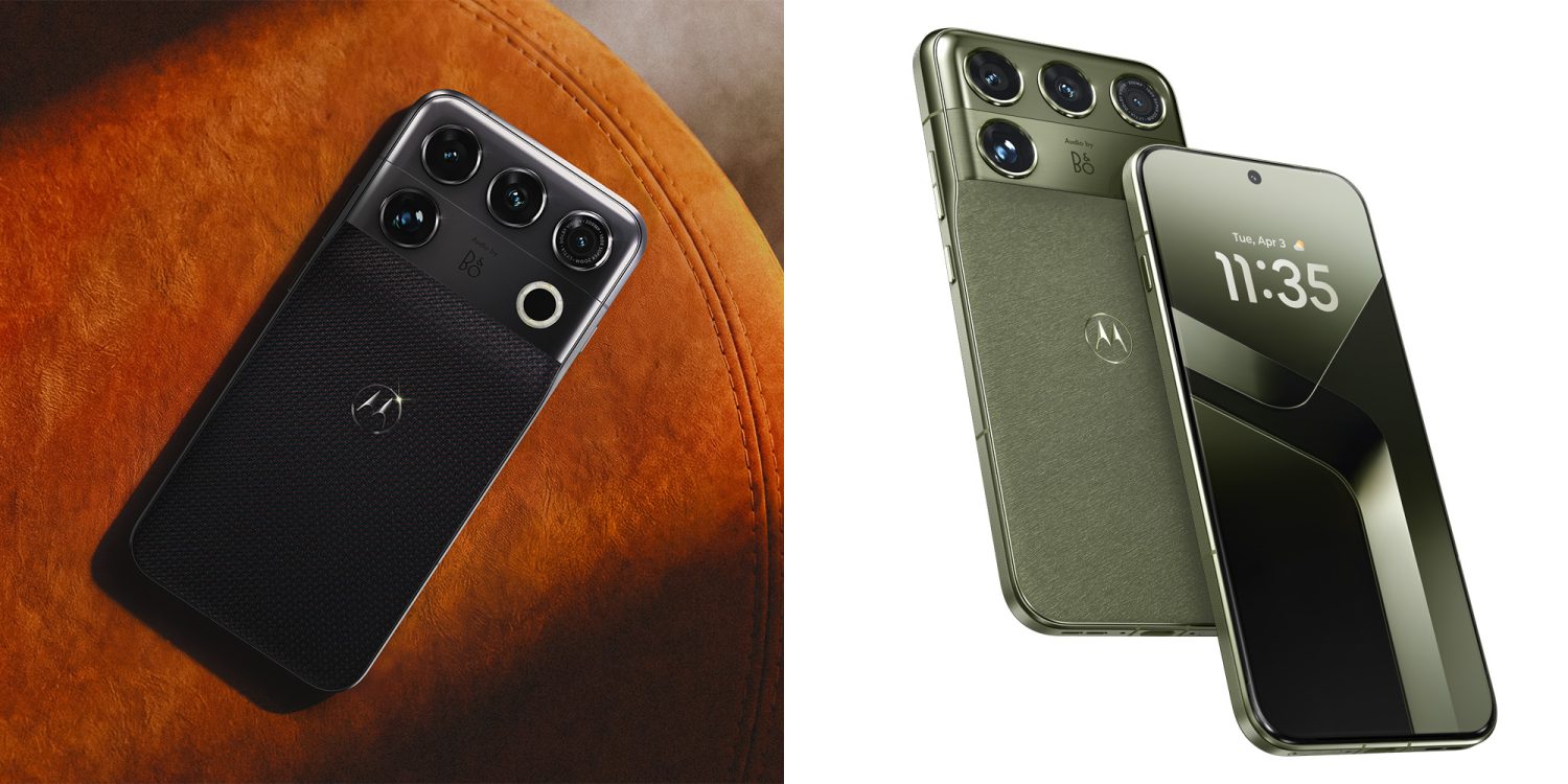 Motorola Signature 27 чорного кольору на коричневій шкіряній поверхні та зелена версія смартфона з квадрокамерою