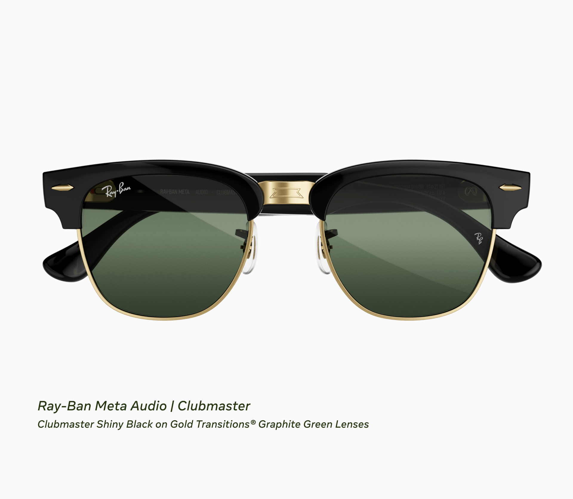 Ray-Ban Meta Audio Clubmaster з чорною оправою, золотистою переніцею і зеленими лінзами