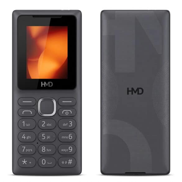 HMD 106 Pure сірого кольору, вид спереду та ззаду з оранжевим екраном