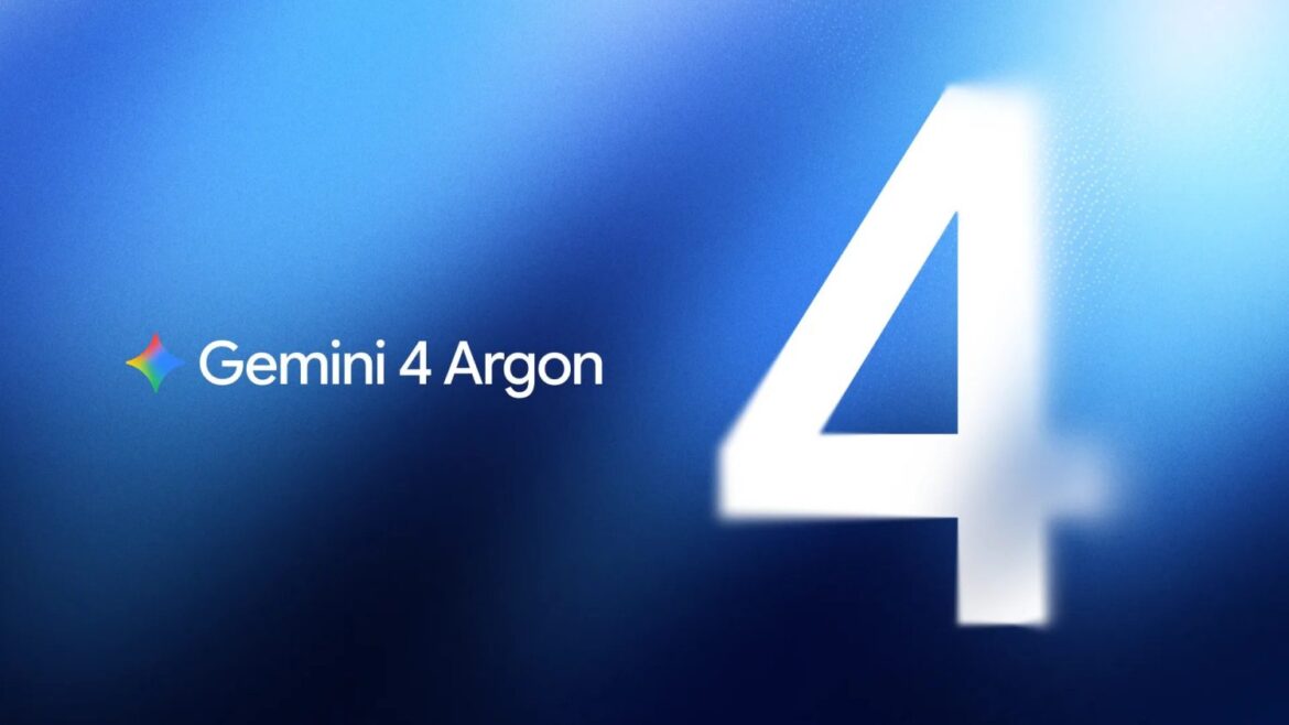 Логотип Google Gemini з числом 4 на синьому фоні, анонс нової моделі Gemini 4 Argon