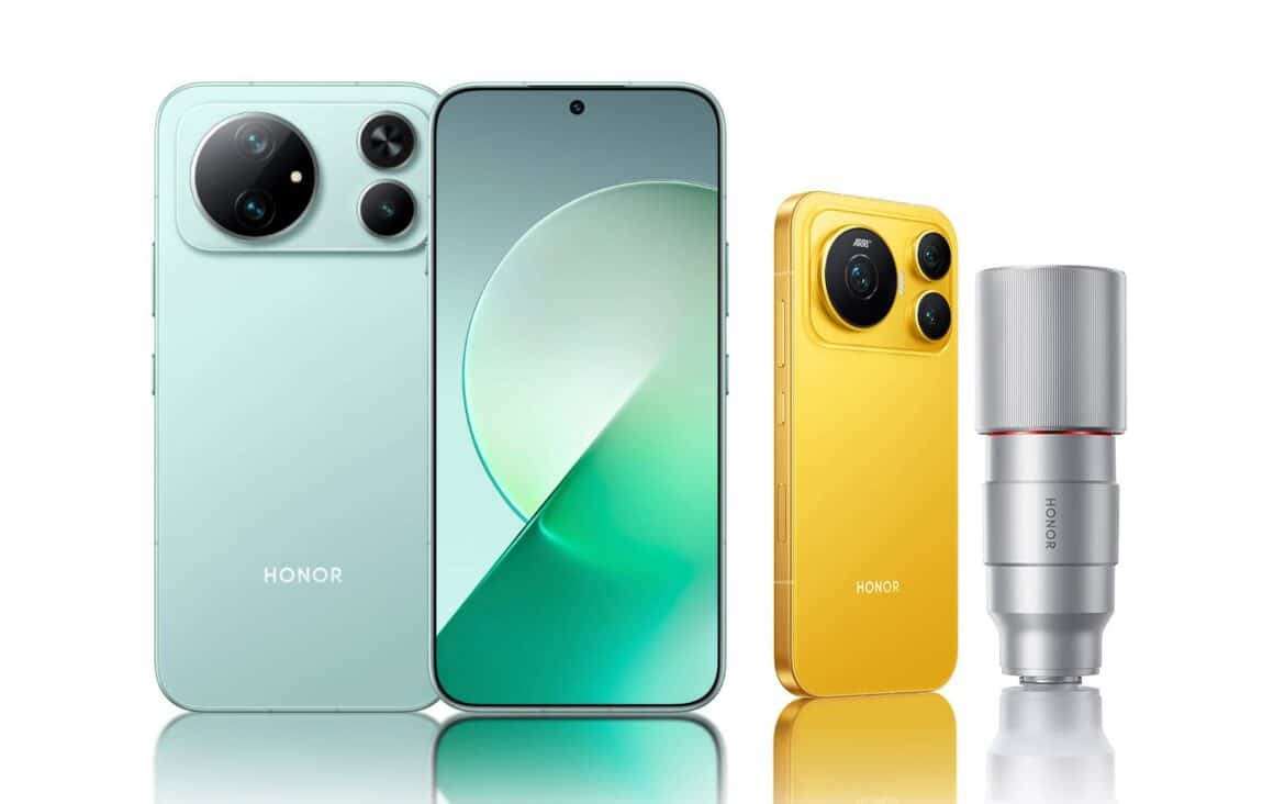 Honor Magic9 у блакитному кольорі та Magic9 Super Edition у жовтому, з дисплеями та допоміжний об'єктив