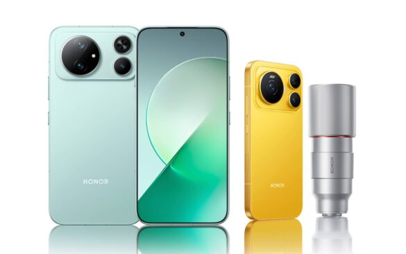 Honor Magic9 у блакитному кольорі та Magic9 Super Edition у жовтому, з дисплеями та допоміжний об'єктив