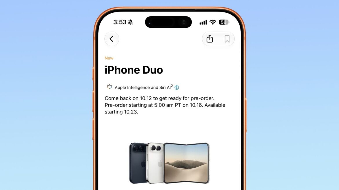 Сторінки Apple з інформацією про iPhone Duo, де показані три варіанти пристрою та текст про передзамовлення, що стартують 16
