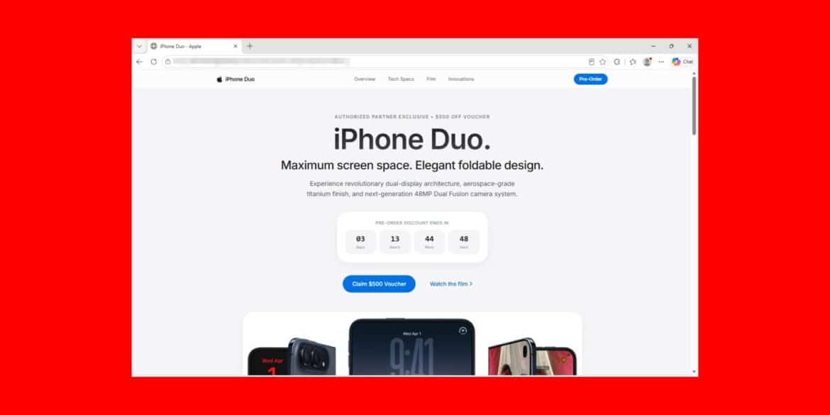 Фейкового сайту передзамовлення iPhone Duo, що імітує офіційну сторінку Apple з пропозицією знижкового ваучера на $500