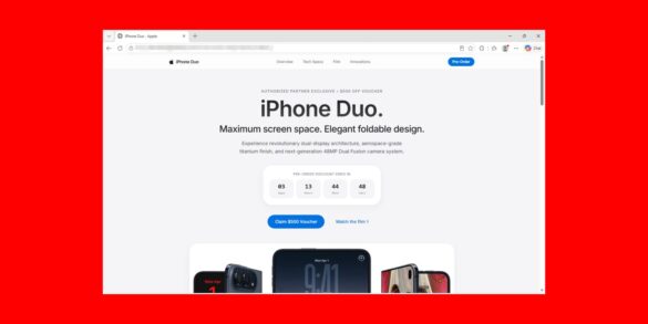 Фейкового сайту передзамовлення iPhone Duo, що імітує офіційну сторінку Apple з пропозицією знижкового ваучера на $500