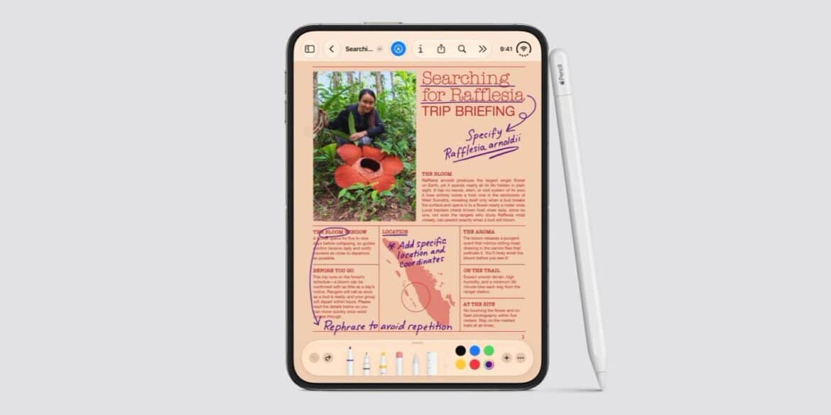 IPad з екраном, на якому відкрита стаття про пошуки рафлезії з рукописними нотатками червоним маркером і панель малювання