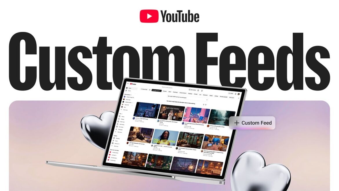 Екран ноутбука з інтерфейсом YouTube, що показує функцію Custom Feeds зі змішаними відеороликами різних категорій