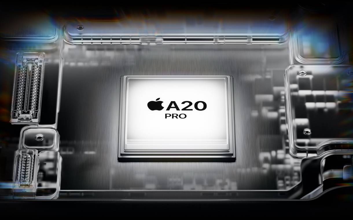 Мікрочіп Apple A20 Pro на прозорій платі зі схемою підключення в розрізі пристрою