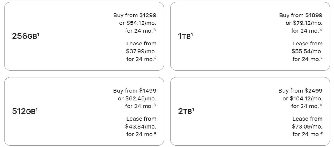 Таблиця цін на iPhone 18 Pro за обсягами пам'яті від 256GB до 2TB із варіантами купівлі та лізингу