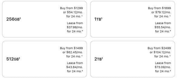 Таблиця цін на iPhone 18 Pro за обсягами пам'яті від 256GB до 2TB із варіантами купівлі та лізингу