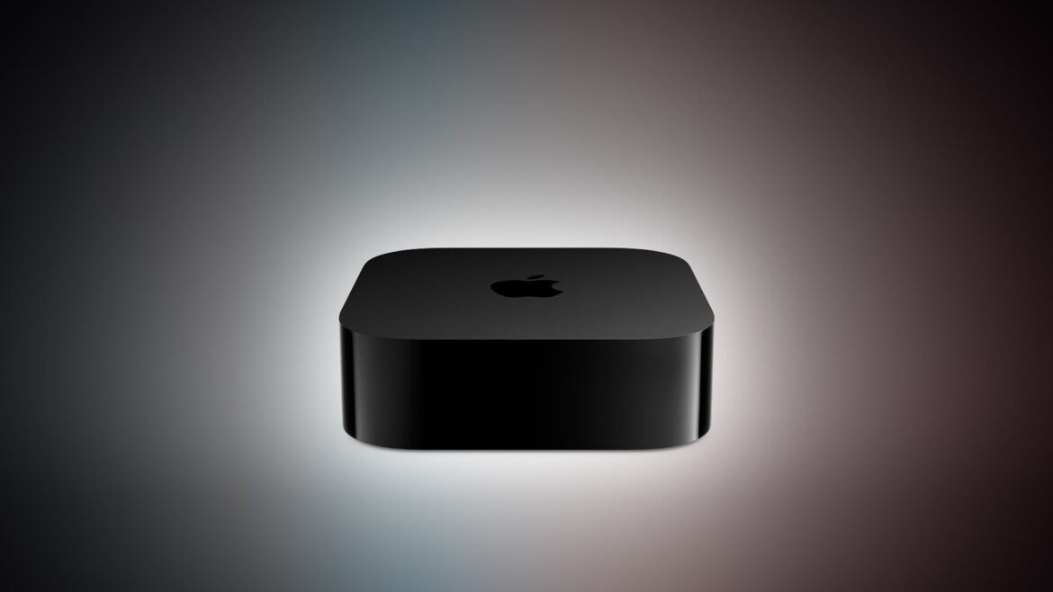Чорна приставка Apple TV 4K прямокутної форми на світлому фоні з м'яким світінням