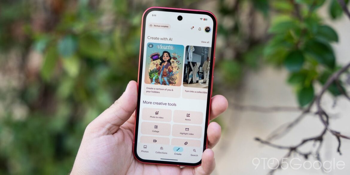 Смартфон у руці з відкритим додатком Google Photos, що показує меню творчих інструментів і функцій редагування
