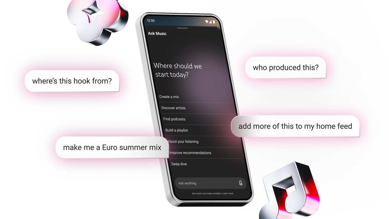Екран смартфона з чатом Ask Music і прикладами запитань користувачів про музику та плейлисти