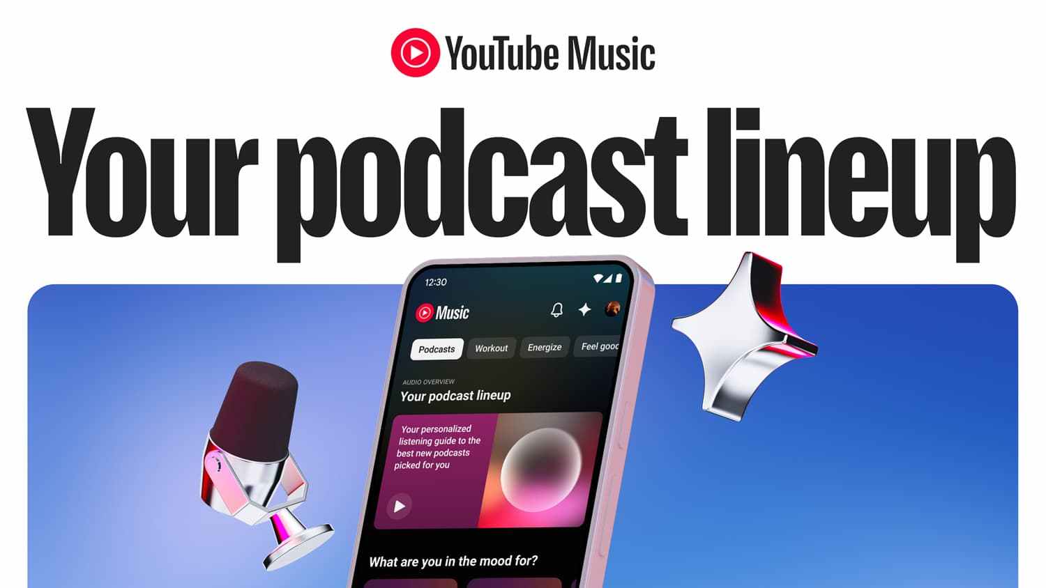 Промо функції Your Podcast Lineup від YouTube Music з назвою, смартфоном та персоніфікованим подкаст-гідом на синьому фоні