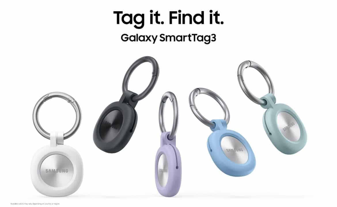 П'ять трекерів Samsung SmartTag3 у білому, чорному, фіолетовому, блакитному та м'ятному кольорах з кільцами для кріплення на