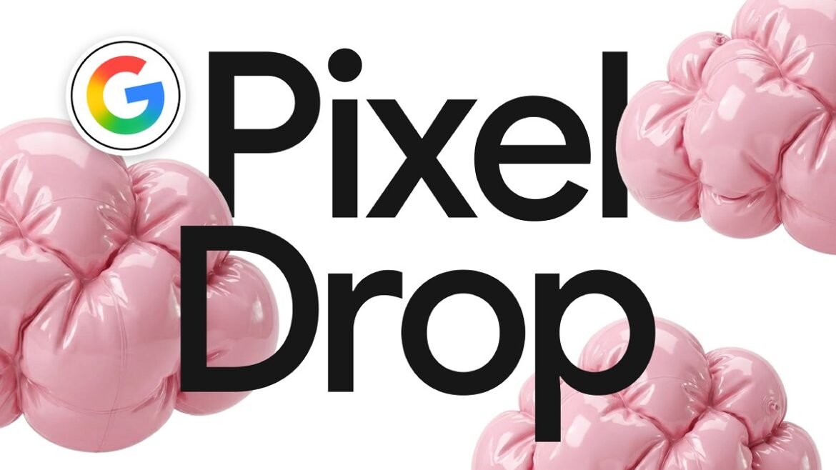 Логотип Google Pixel Drop з написом та прикрасою з рожевих куль на білому тлі