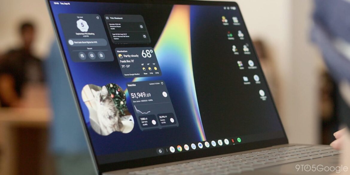 Ноутбук Pixelbook з відкритою системою Android, на екрані видно віджети з погодою, фінансовими даними та іншою інформацією