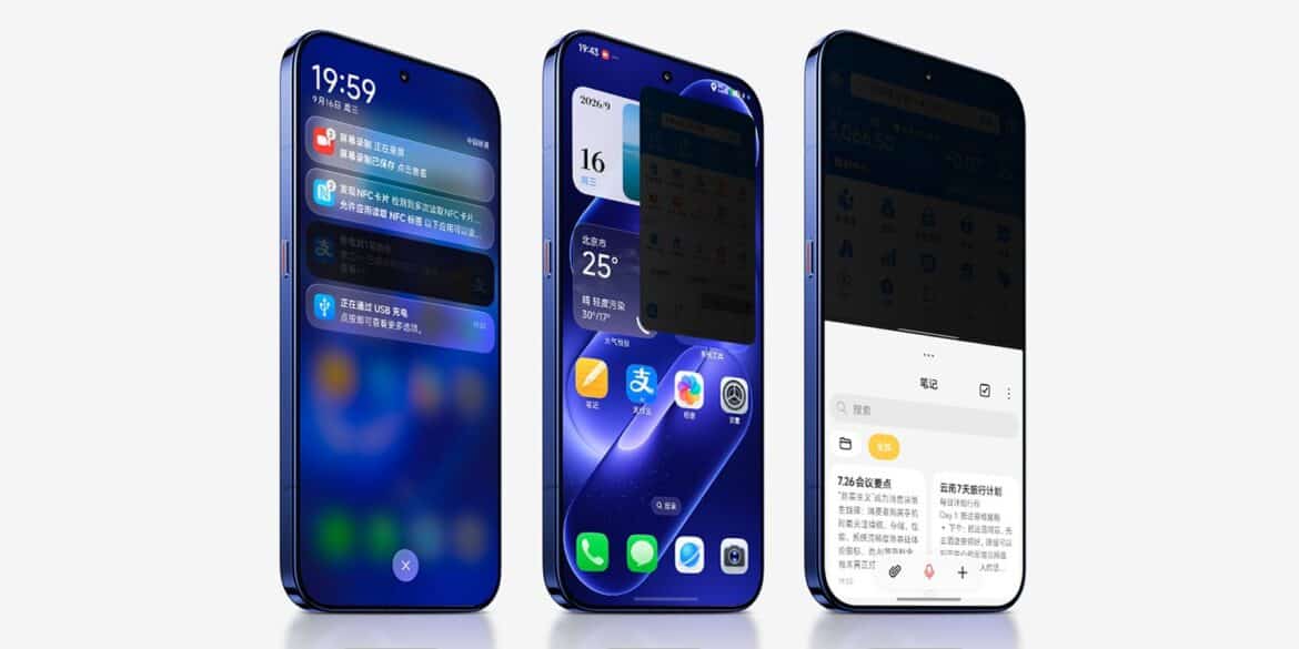 Три смартфони Xiaomi 18 Pro з екранами, що показують інтерфейс з повідомленнями, календарем і додатками