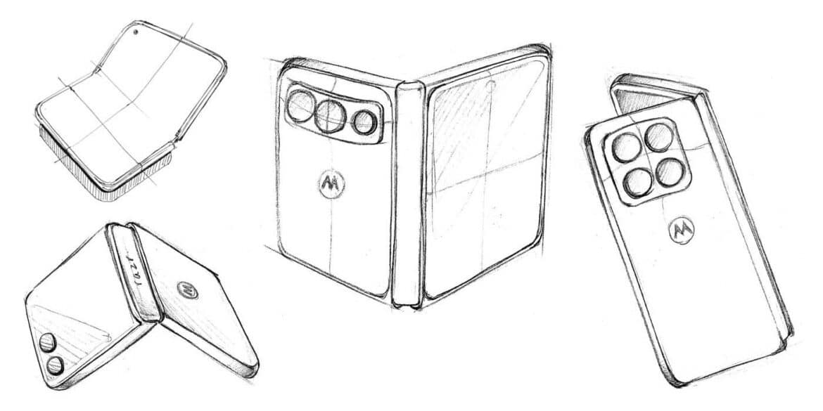 Концептуальні ескізи складаного смартфона Motorola Razr Flex з різних кутів, що показує форм-фактор книжки та розташування