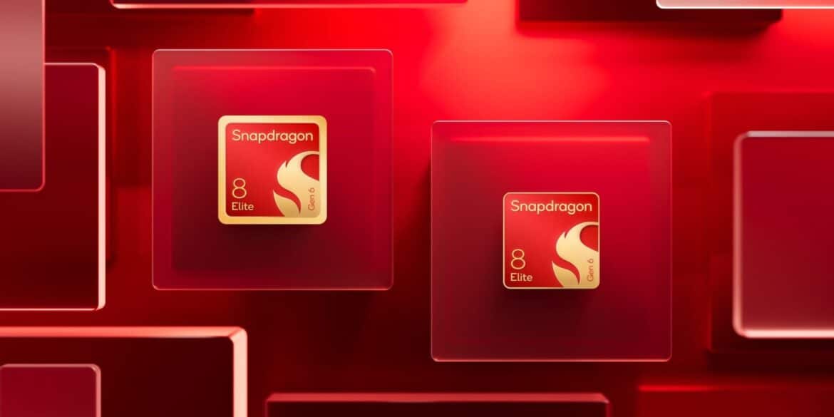 Логотипи Snapdragon 8 Elite Gen 6 на червоному неоновому фоні з рамками, представлення нових флагманських процесорів Qualcomm