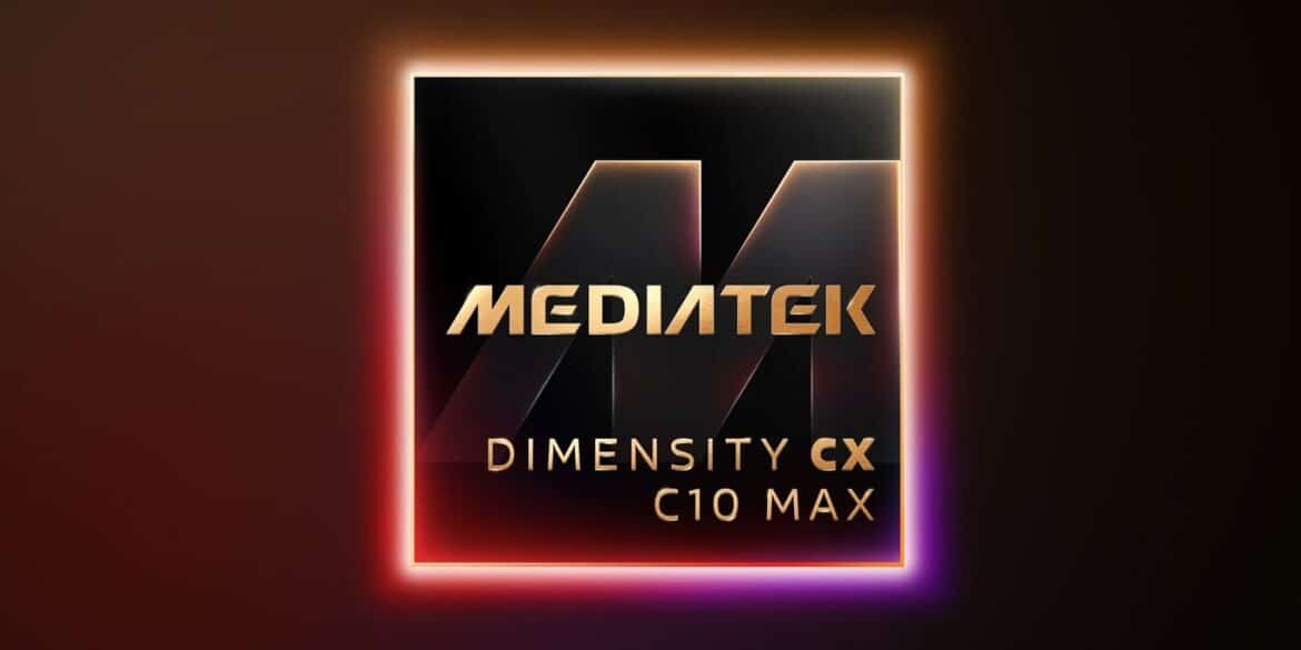 Логотип MediaTek Dimensity CX C10 Max у неоновій рамці золотистого й рожевого кольору