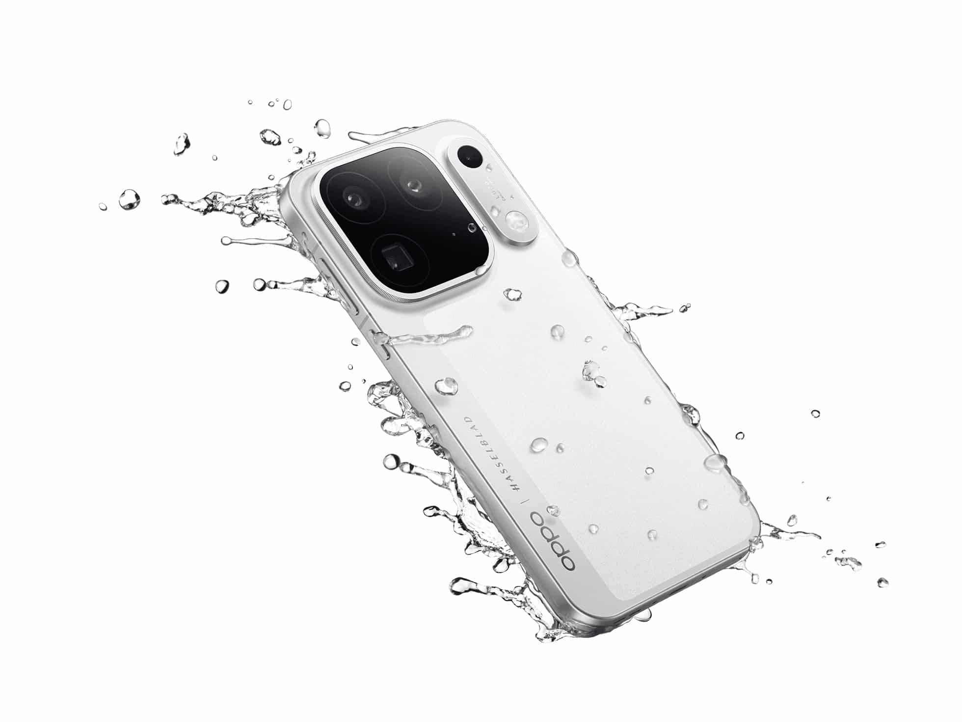 Oppo Find X10 Pro Max білого кольору під струменем води для демонстрації водозахисту IP68