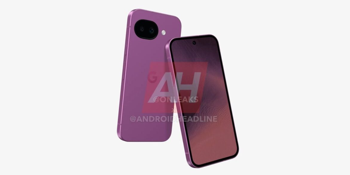 Google Pixel 11a у фіолетовому кольорі з двома об'єктивами камери, показаний спереду та ззаду