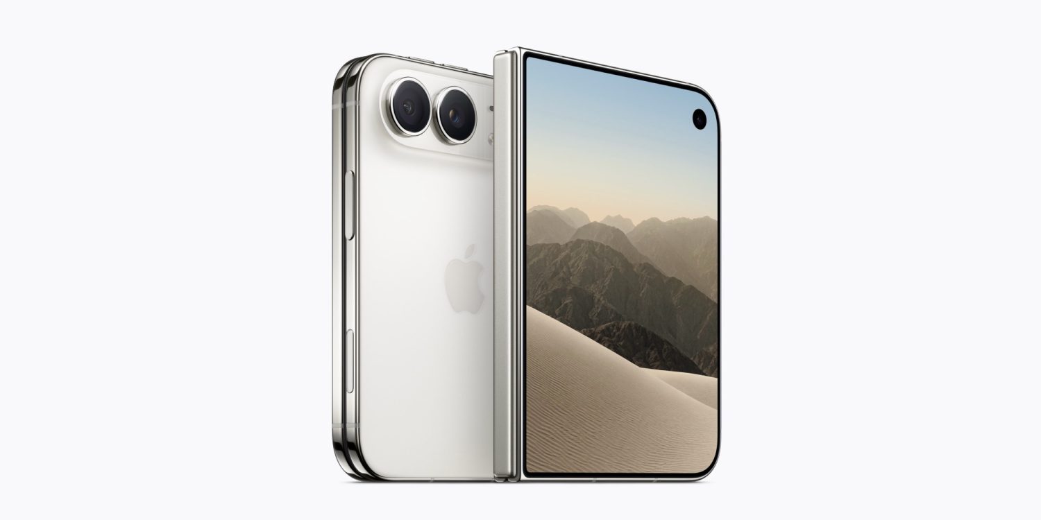 Apple iPhone Duo у складеному та розкладеному вигляді з подвійною камерою та екраном з гірським пейзажем