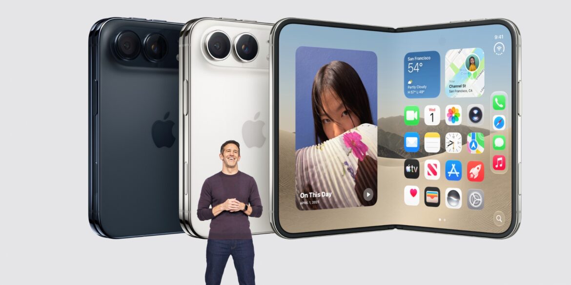 Три варіанти iPhone Duo чорного та білого кольорів поруч із чоловіком, що демонструє екран з додатками і фото