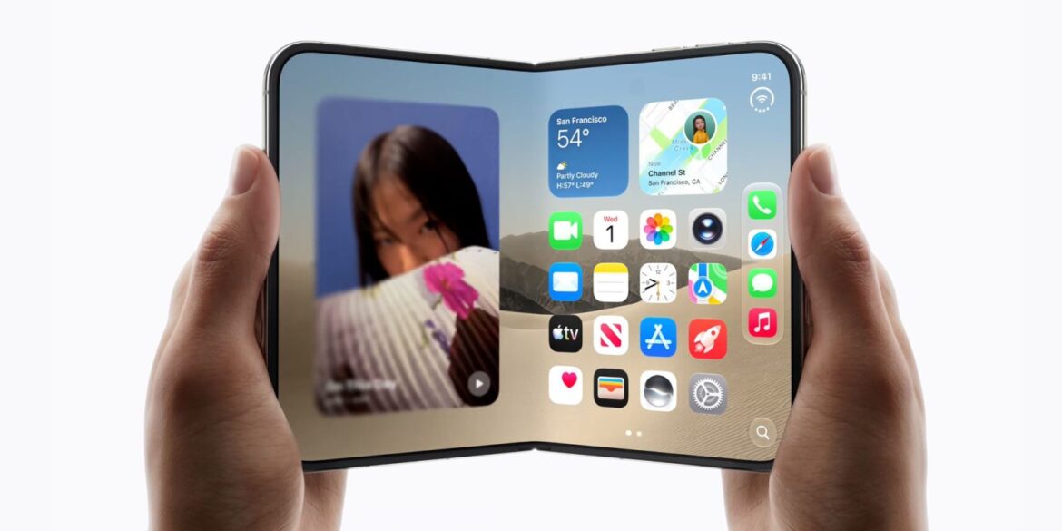 IPhone Duo із розкладеним екраном, на якому видно домашній екран із іконками додатків та режим StandBy у лівій частині