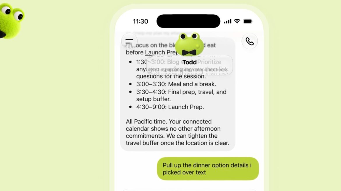 Розмови в ChatGPT, де агент Dots допомагає користувачу з планування дня, показуючи розклад завдань до Launch Prep